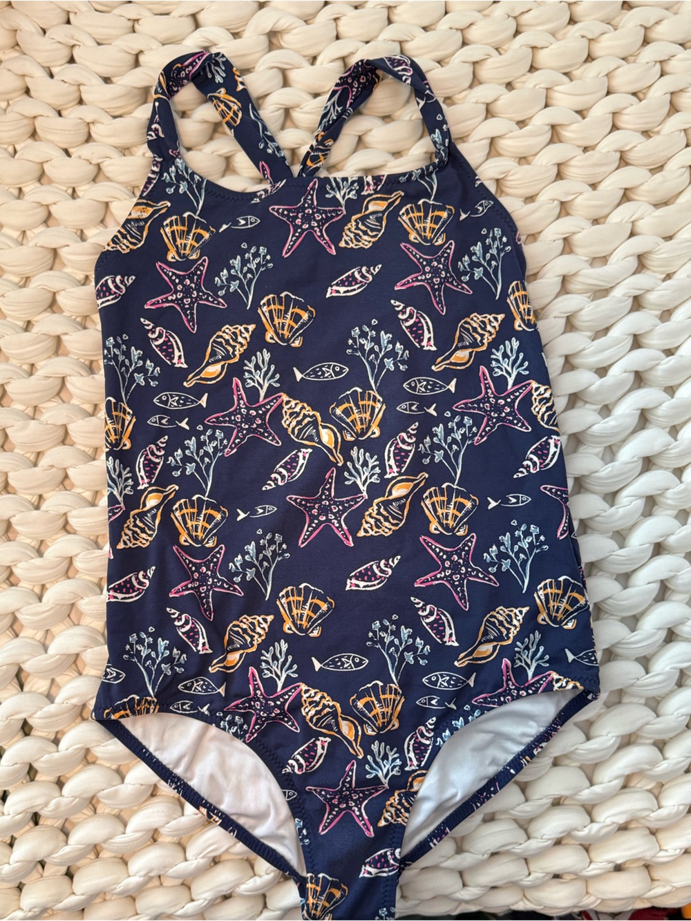 Girls Navy One-Piece Swimsuit with Starfish & Seashell Print